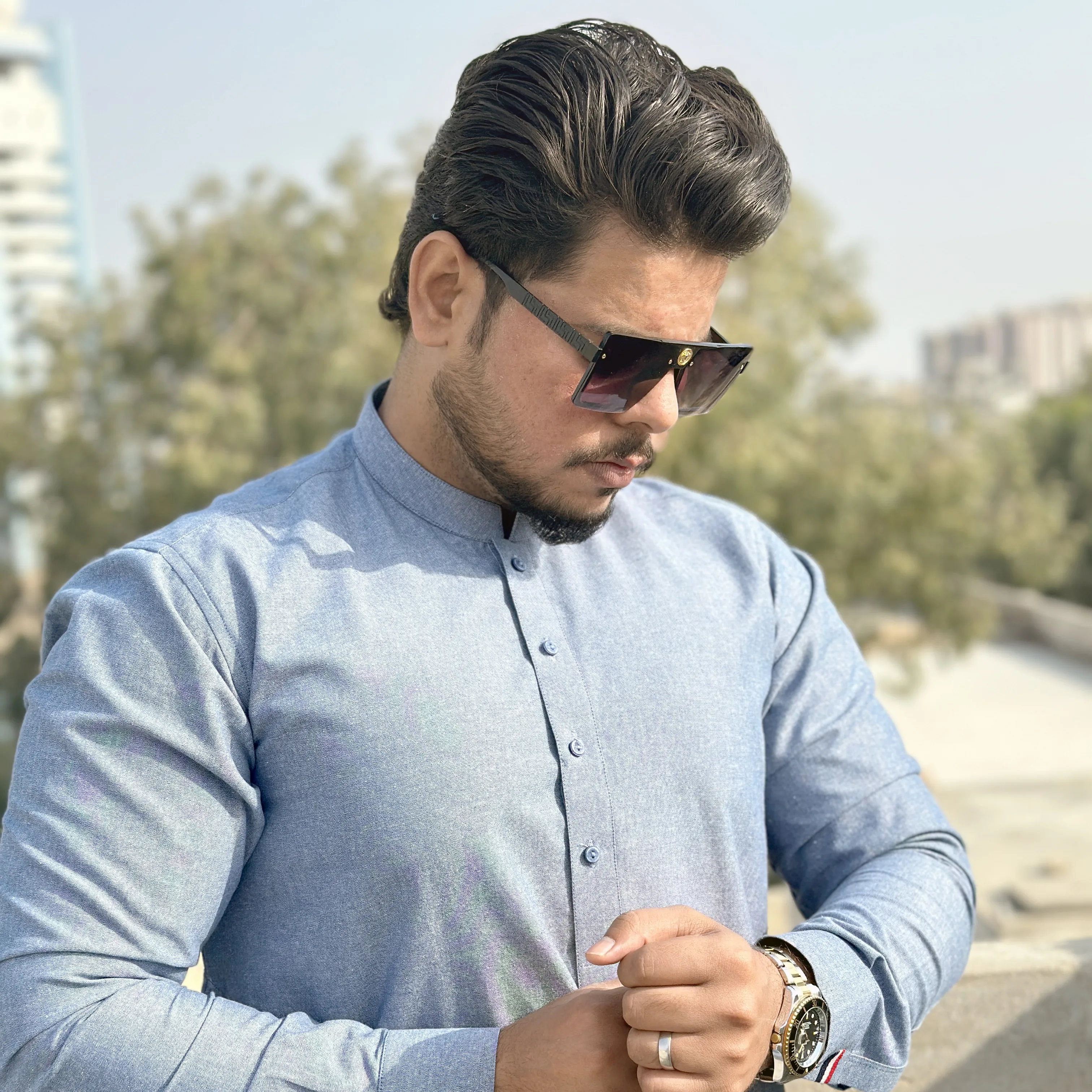 Modern Kurta Pajama which provide a smart and elegant look to your personality. This easy-wearing long-sleeve Sherwani collar Suit made with Cotton Chambrey Fabric, carefully stitched for elegance, comfortability and strength. Perfect for any occasion.